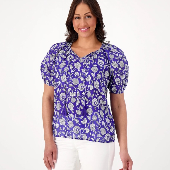 Destination 365 Printed Short-Sleeve Blouse - Blue (sz 2X) a599162 - Picture 1 of 3